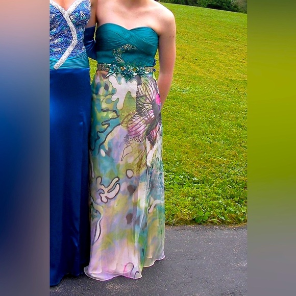 Stunning Faviana Teal Green Prom Homecoming Bridesmaid Evening Gown Sz 2 - Picture 3 of 11